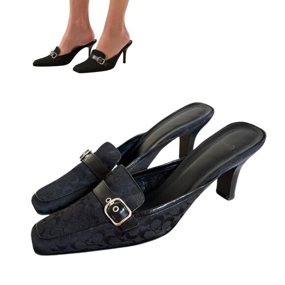 90'S VINTAGE BLACK COACH CANVAS LOGO MULES SLIDES MADE IN ITALY SIZE 8 - Picture 2 of 5